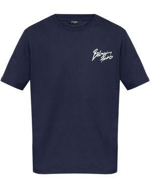 Balmain Logo Brush Printed Crewneck T-Shirt - Blue