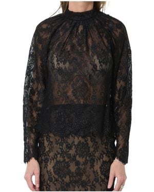 Self-Portrait Sheer Lace Long-Sleeve Top - Black