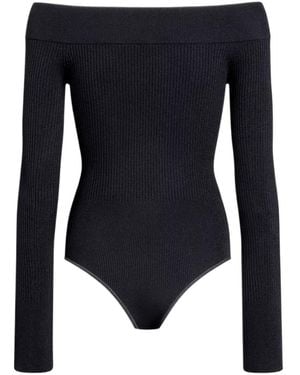 Alaïa Shapewear Ribbed Knit Off-Shoulder Bodysuit - Blue