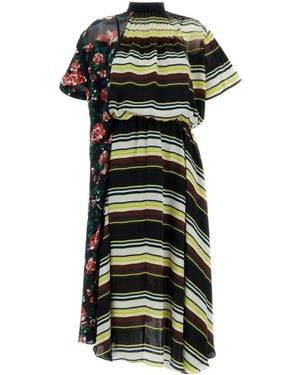 Sacai Floral Printed Stripe Detailed Midi Dress - Green