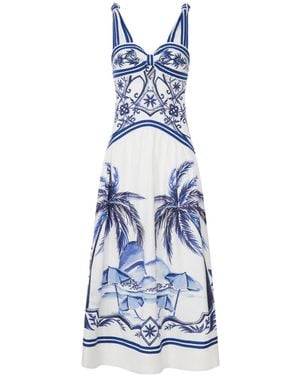 FARM Rio Long Linen Dress With Tropical Print - Blue