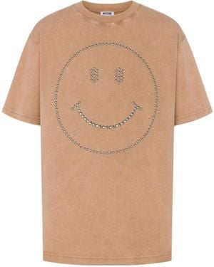 Moschino Crystal-Embellished Smiley-Face T-Shirt - Natural