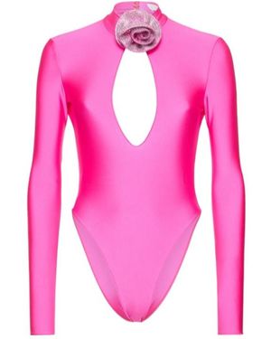 GIUSEPPE DI MORABITO Floral-Decorated Stretch Glossy Plain Knit Bodysuit - Pink