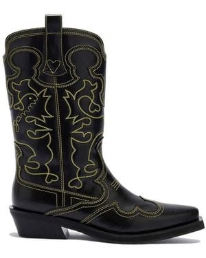 Ganni Mid Shaft Embroidered Western Boots - Black