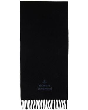 Vivienne Westwood Logo Embroidered Fringed Scarf - Black