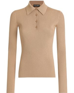 Dolce & Gabbana Polo-Shirt Collar Ribbed Pullover - Natural