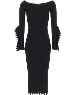 Blumarine Scalloped Ribbed Midi Dress - Black