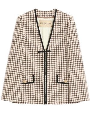 Valentino Houndstooth V-Neck Tweed Jacket - Natural