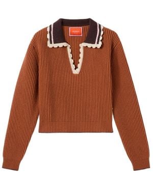 La DoubleJ Crochet-Trim Ribbed-Knit Jumper - Brown
