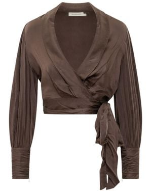 Zimmermann Cropped Silk Wrap Top - Brown