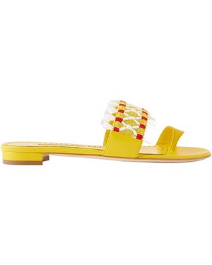 Manolo Blahnik Brava Raffia-Trimmed Crocheted Leather Sandals - Yellow