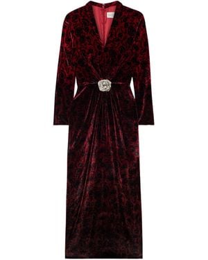 Saloni Gathered Printed Velvet Midi Dress