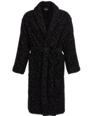 Versace All-Over Baroque Shawl Lapels Bathrobe - Black