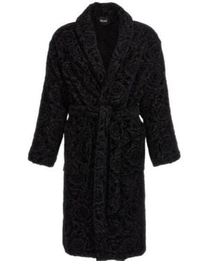 Versace All-Over Baroque Shawl Lapels Bathrobe - Black