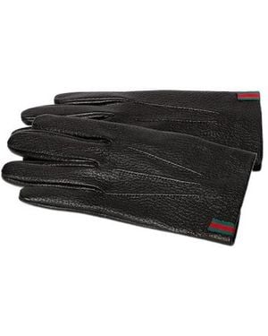 Gucci Grainy Leather Gloves With Web - Black