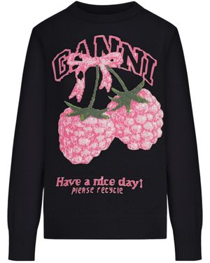 Ganni Wool Jumper With Graphics - Black
