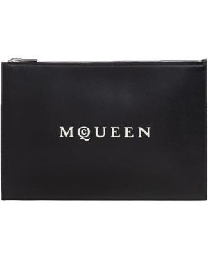 McQueen Logo Printed Zipped Clutch Bag - Black