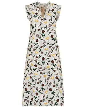 Marni Cream Envers Satin Dress With Tulips And Hares Print - White