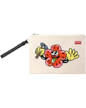 KENZO Motif-Embroidered Zipped Clutch Bag - White