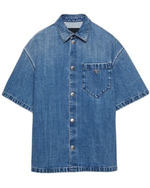 Prada Logo-Plaque Short-Sleeve Denim Shirt - Blue