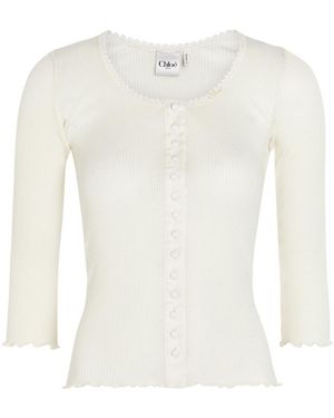 Chloé Ribbed Lace-Trims Cotton And Silk-Blend Top - White