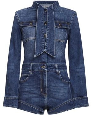 Self-Portrait Pussy-Bow Ruffled Playsuit - Blue