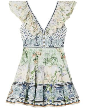 CAMILLA Cutout Ruffled Printed Organic Cotton Mini Dress - Blue