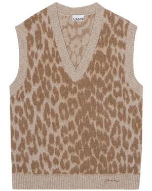 Ganni Leopard Jacquard Knitted Vest - Brown