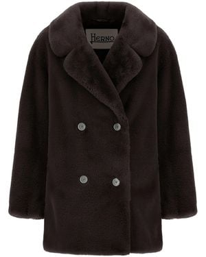 Herno Double-Breasted Faux Fur Coat - Black