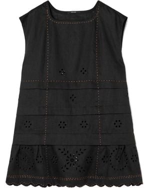 Vita Kin Gigi Topstitched Broderie Anglaise Linen Tank - Black