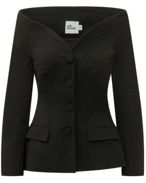 Self-Portrait Off-Shoulder Fitted Blazer - Black