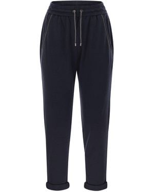 Brunello Cucinelli Cotton And Silk Interlock Trousers With Shiny Pocket Detail - Blue