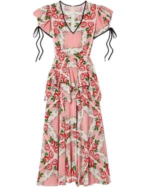 Rodarte Ruffled Printed Silk Crepe De Chine Midi Dress - Red