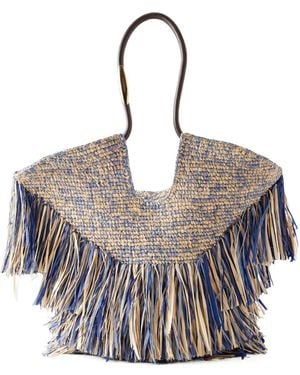 Zimmermann Goldentime Fringed Leather And Fabric-Trimmed Raffia Medium Tote - Gray