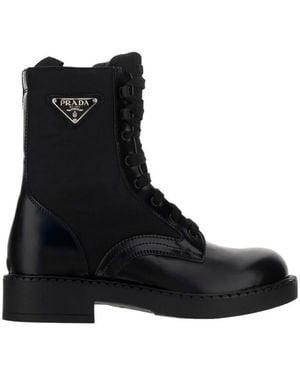 Prada Lace-Up Leather Combat Boots - Black