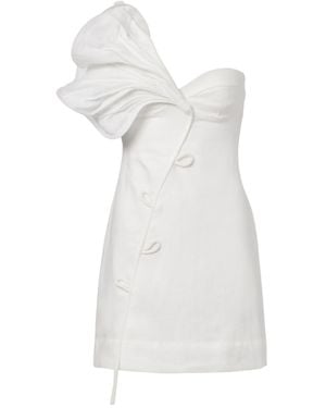 FARM Rio Floral-Appliqué Linen Minidress - White