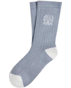 Brunello Cucinelli Cotton Rib Knit Socks With Intarsia - Blue