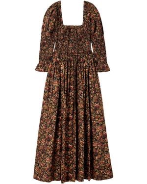 Doen Bijou Shirred Floral-Print Organic Cotton-Voile Midi Dress - Brown