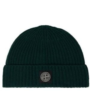 Stone Island Ribbed Knit Beanie With Compass Logo Patch - Green