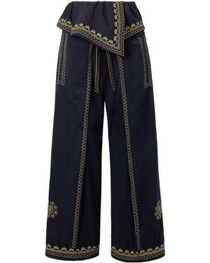 Rabanne Embroidered Belted Layered Twill Trousers - Blue