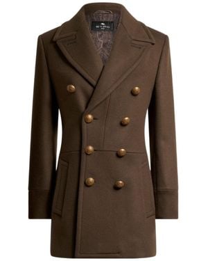 Etro Long Double-Breasted Wool-Blend Cloth Jacket - Brown
