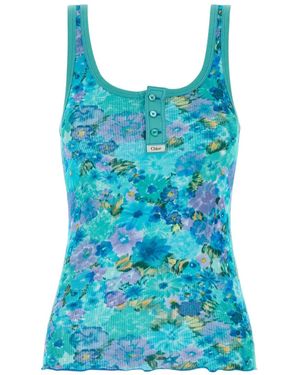 Chloé Floral-Print Ribbed Tank Top - Blue