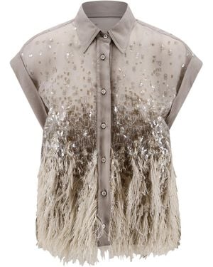 Brunello Cucinelli Sequin Fringe Sleeveless Top - Natural