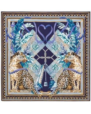 Ferragamo Poised Leopards Print Silk Scarf - Blue
