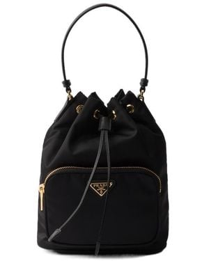 Prada Re-Nylon Triangle-Logo Drawstring Bucket Bag - Black