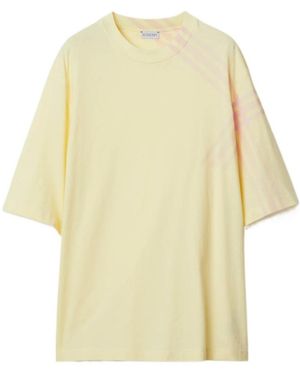 Burberry Check Print Cotton T Shirt - Yellow