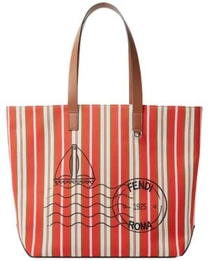 Fendi Logo Printed Striped Medium Tote Bag - Red