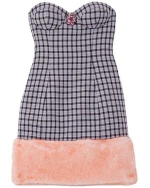 Area Strapless Embellished Faux Fur-Trimmed Houndstooth Wool-Blend Mini Dress - Multicolor