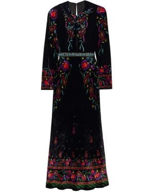 Saloni Printed Velvet Midi Dress - Black