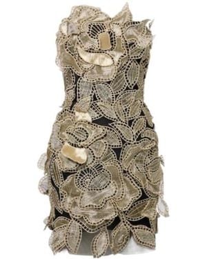Oscar de la Renta Floral-Applique Tulle Minidress - Natural